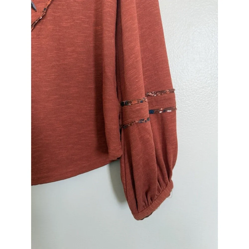 Free People Sz XS Orange Cedar Sundance Kid Embroidered Henley Shirt Boho